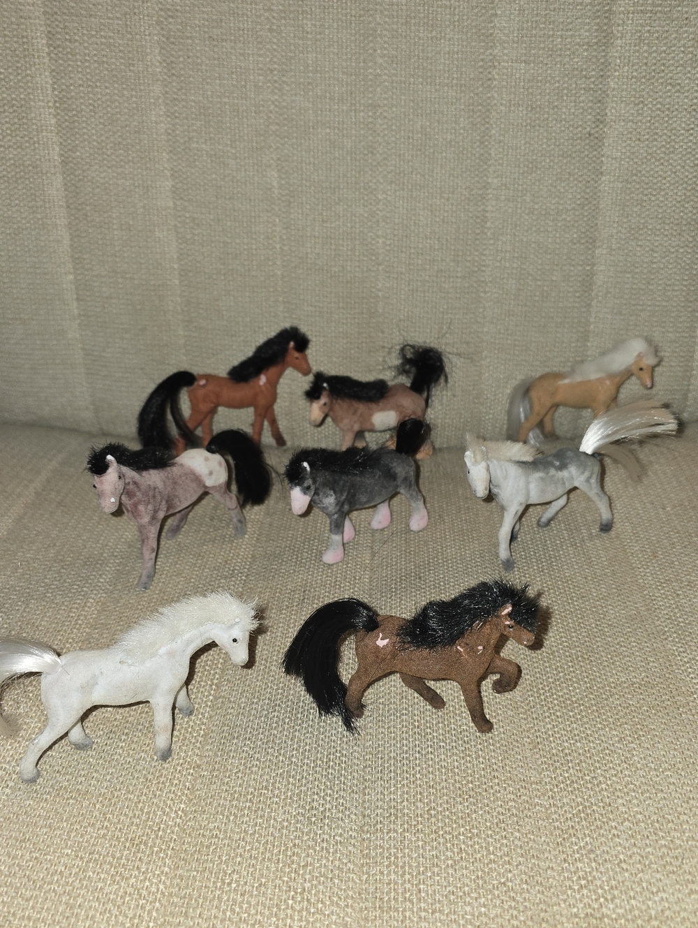 Vintage Lot of 8 Miniature Toy Flocked Horses Mini Fuzzy Ponies